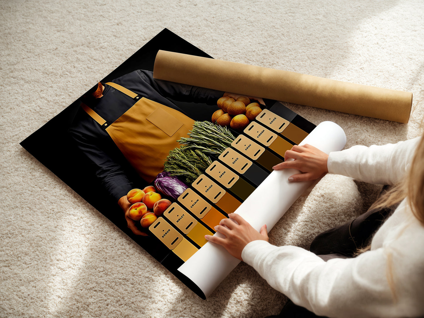 A woman is carefully rolling a fine art poster paper. She is preparing a Culinary Still Life artwork. It is a modern foodie art for dining room decor. This kitchen print will add a touch of sophistication to any space. Ideal for chefs and restaurant owners.