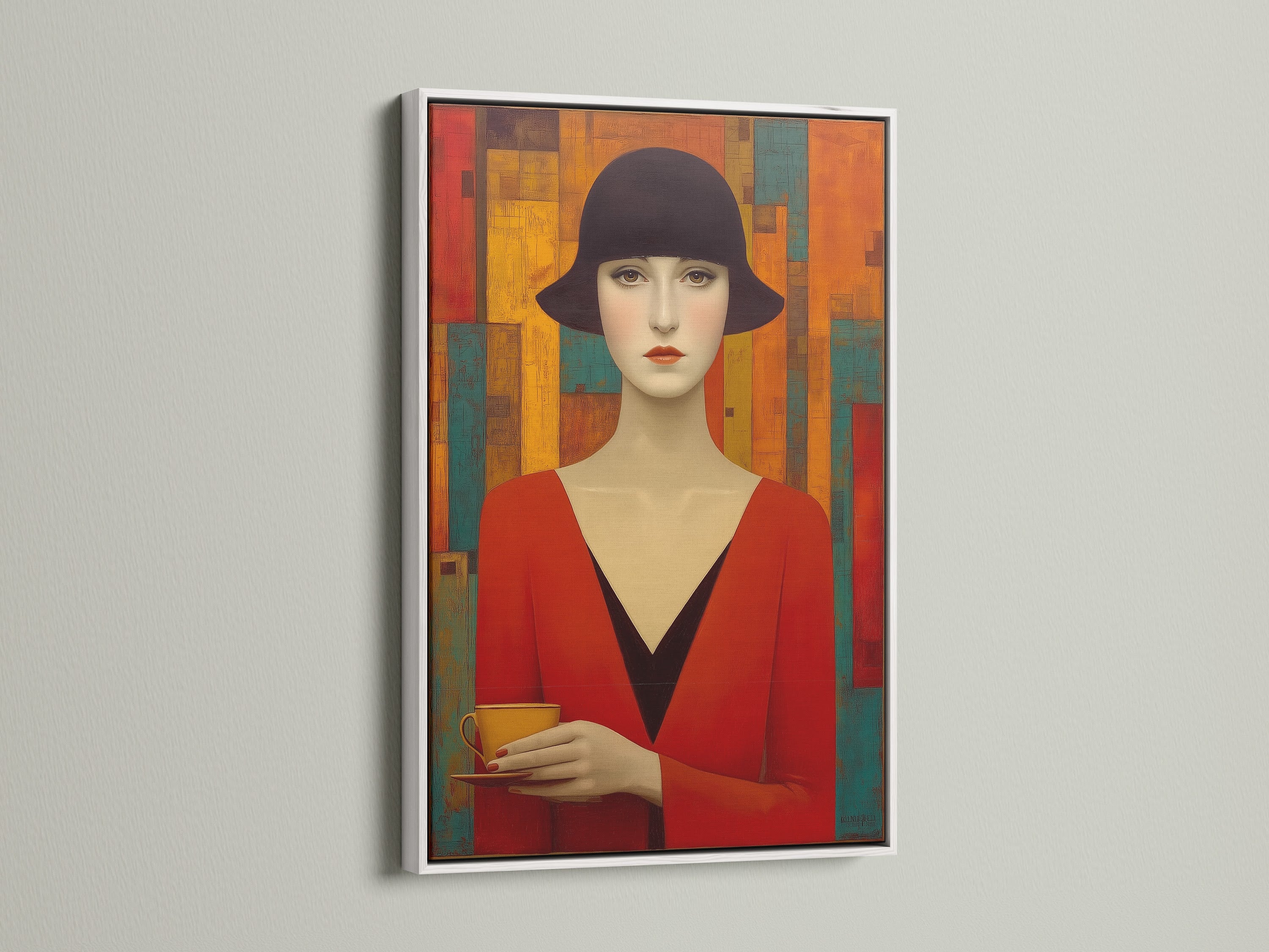 A striking art deco woman portrait is on display. The vintage-style artwork features a woman in a red dress and hat. The art is framed in a clean white frame. This retro fashion art piece is perfect for adding a vintage touch to your home decor.