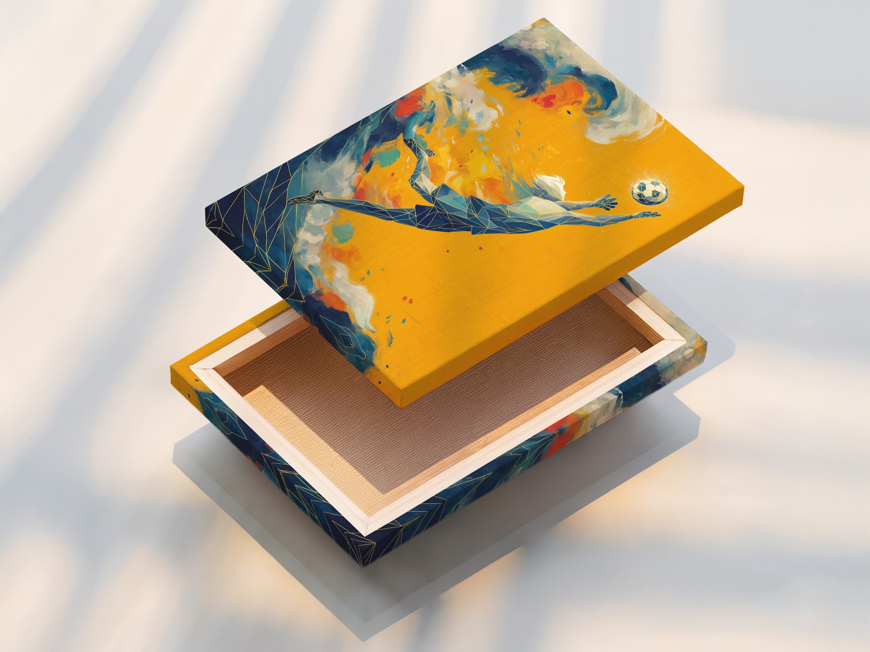 A stretched canvas print of soccer art. This modern sports wall art features an abstract football player design. Ready to hang this canvas print is a perfect addition to any teen's room. It brings an athletic vibe to your home decor.