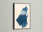 A black frame showcases a wolf silhouette artwork. The artwork displays a howling wolf in a forest with a moon. The artwork is reflected in the water below. A great choice for bedroom wall decor.