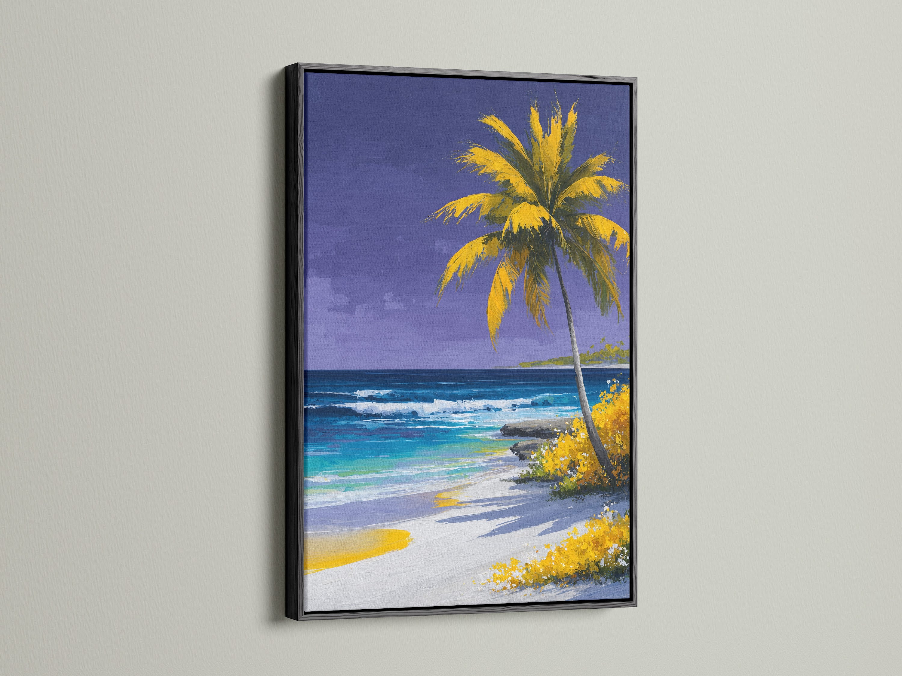 Tropical beach artwork in a black frame hangs on a white wall. This coastal paradise artwork features a palm tree ocean scene. A modern touch to your coastal theme with this striking beach artwork.