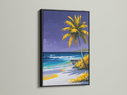 Tropical beach artwork in a black frame hangs on a white wall. This coastal paradise artwork features a palm tree ocean scene. A modern touch to your coastal theme with this striking beach artwork.