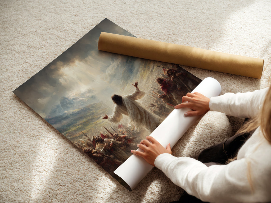 A woman is carefully rolling a fine art poster paper print. High-quality materials for your religious wall art. Perfect for framing or displaying as is. Explore our christian art prints today.
