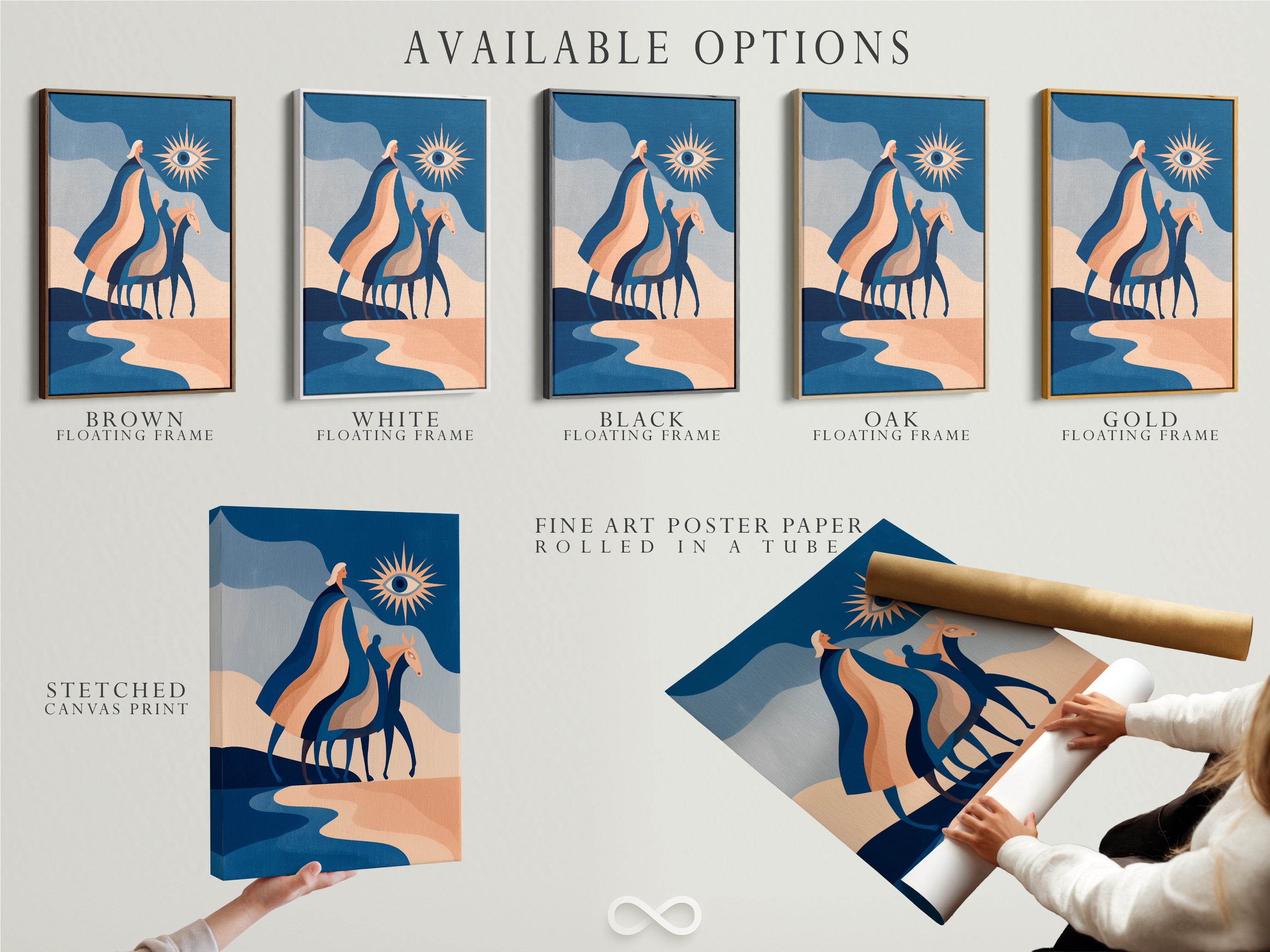 Available options for the modern abstract horse art. Choose between a stretched canvas print fine art poster paper or a floating frame. The blue terracotta artwork adds a boho touch to any room. Perfect for homeowners renters and interior stylists. This is a modern animal art