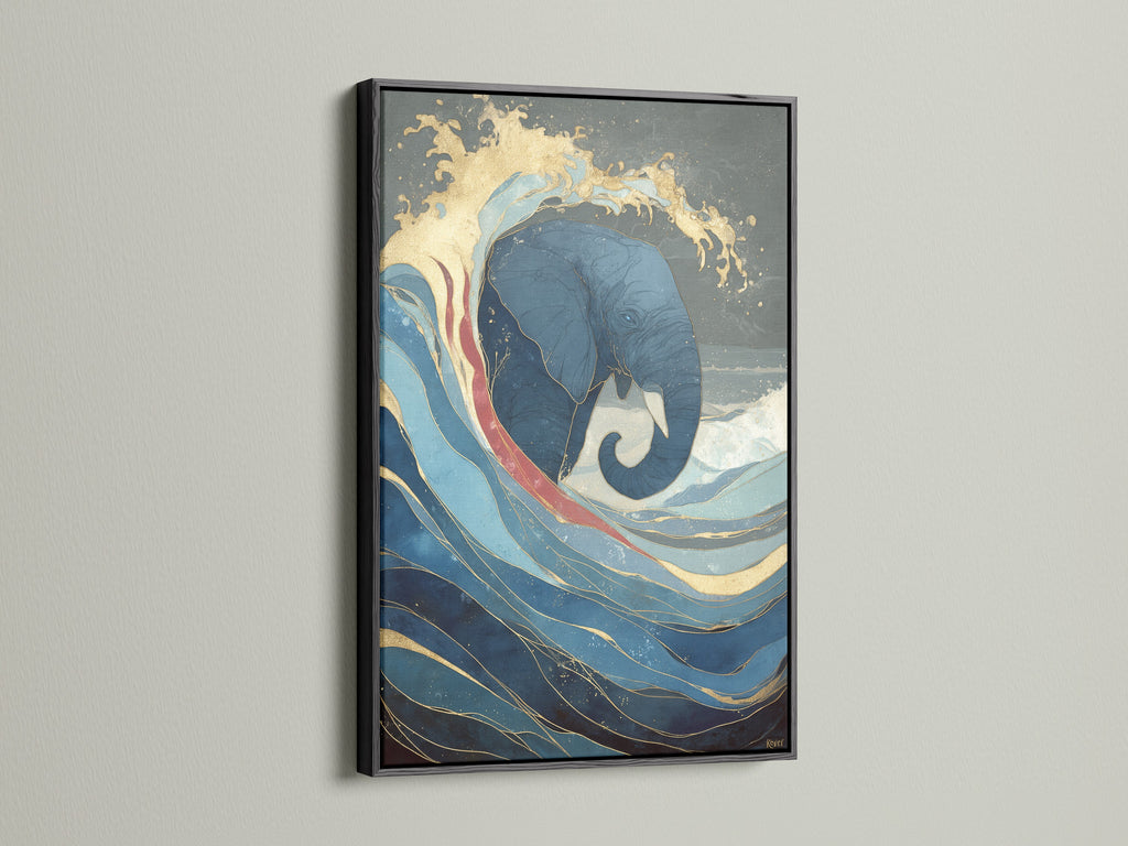 The elephant and wave artwork is displayed in a black frame. This wildlife canvas adds an eclectic style to any space. This artwork is perfect for homeowners renters and business owners seeking elevated modern wall art.