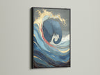 The elephant and wave artwork is displayed in a black frame. This wildlife canvas adds an eclectic style to any space. This artwork is perfect for homeowners renters and business owners seeking elevated modern wall art.