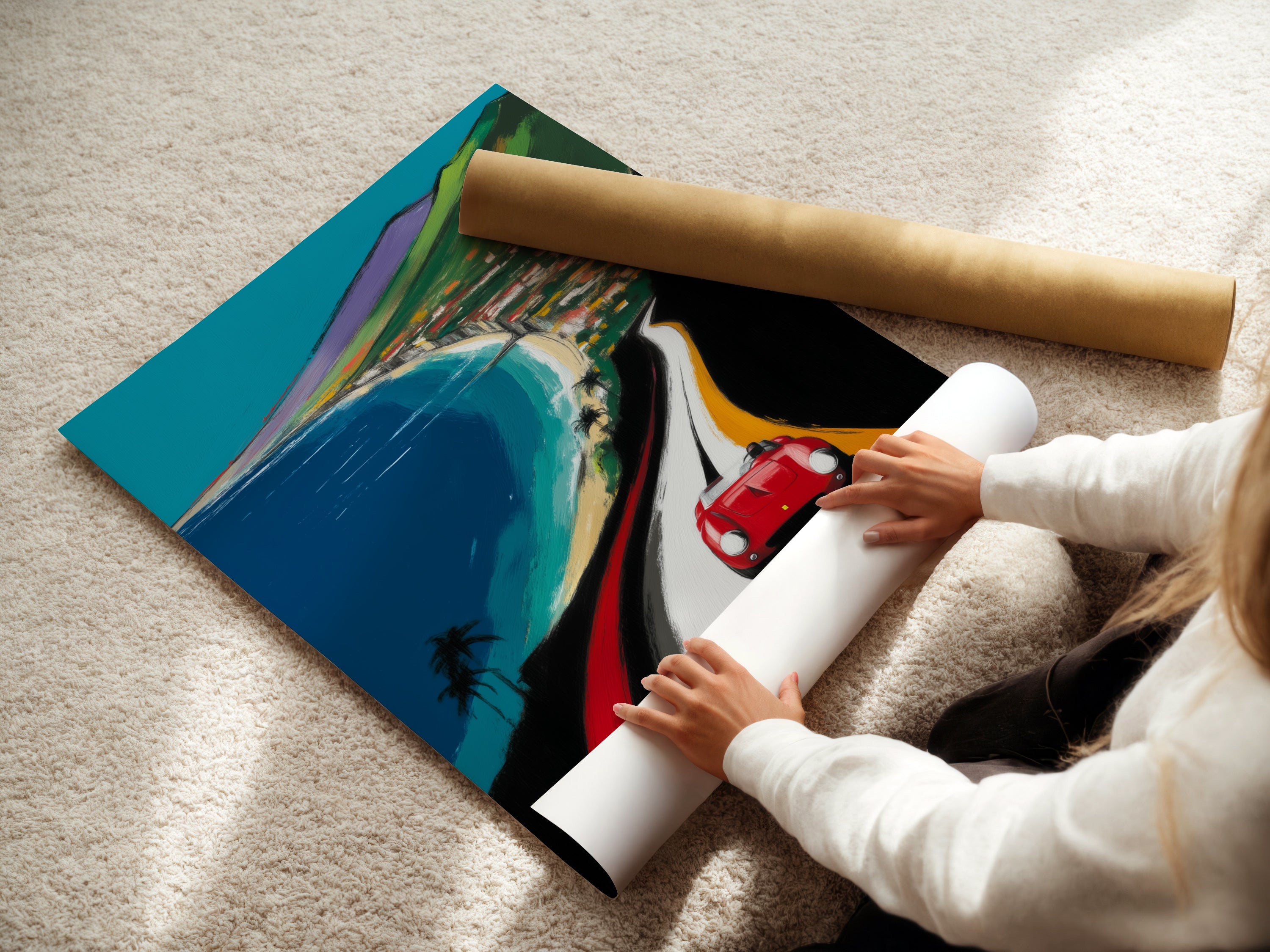 A woman is carefully rolling a fine art poster paper of the Coastal Road Trip artwork. This vintage car travel poster is perfect for any space. Ideal for those seeking retro highway wall art. The artwork captures a scenic drive.