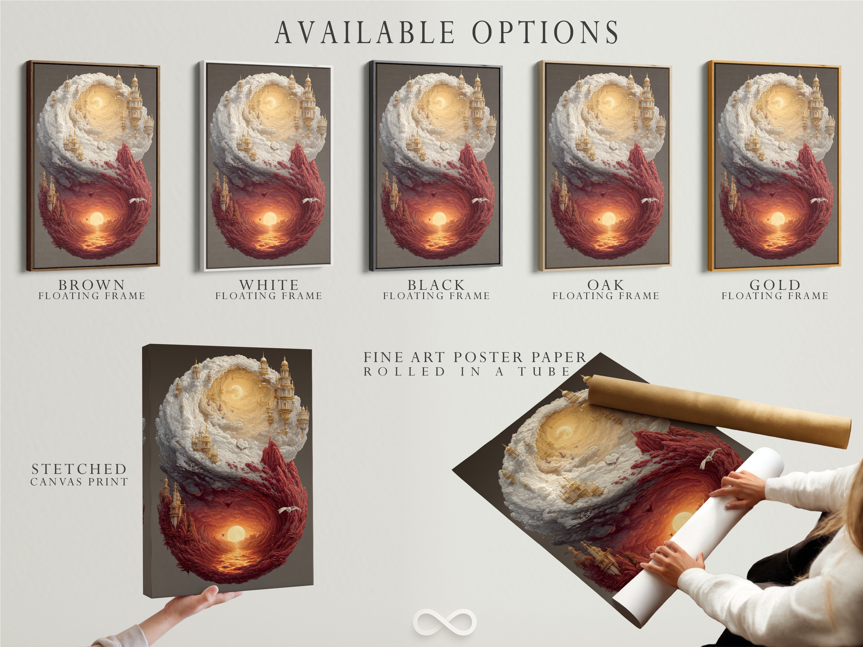 Image showcasing available options for art prints. Customers can choose from stretched canvas prints fine art poster paper and floating frames. These options allow for customization. Customers can tailor their artwork to match their personal style and decor preferences.