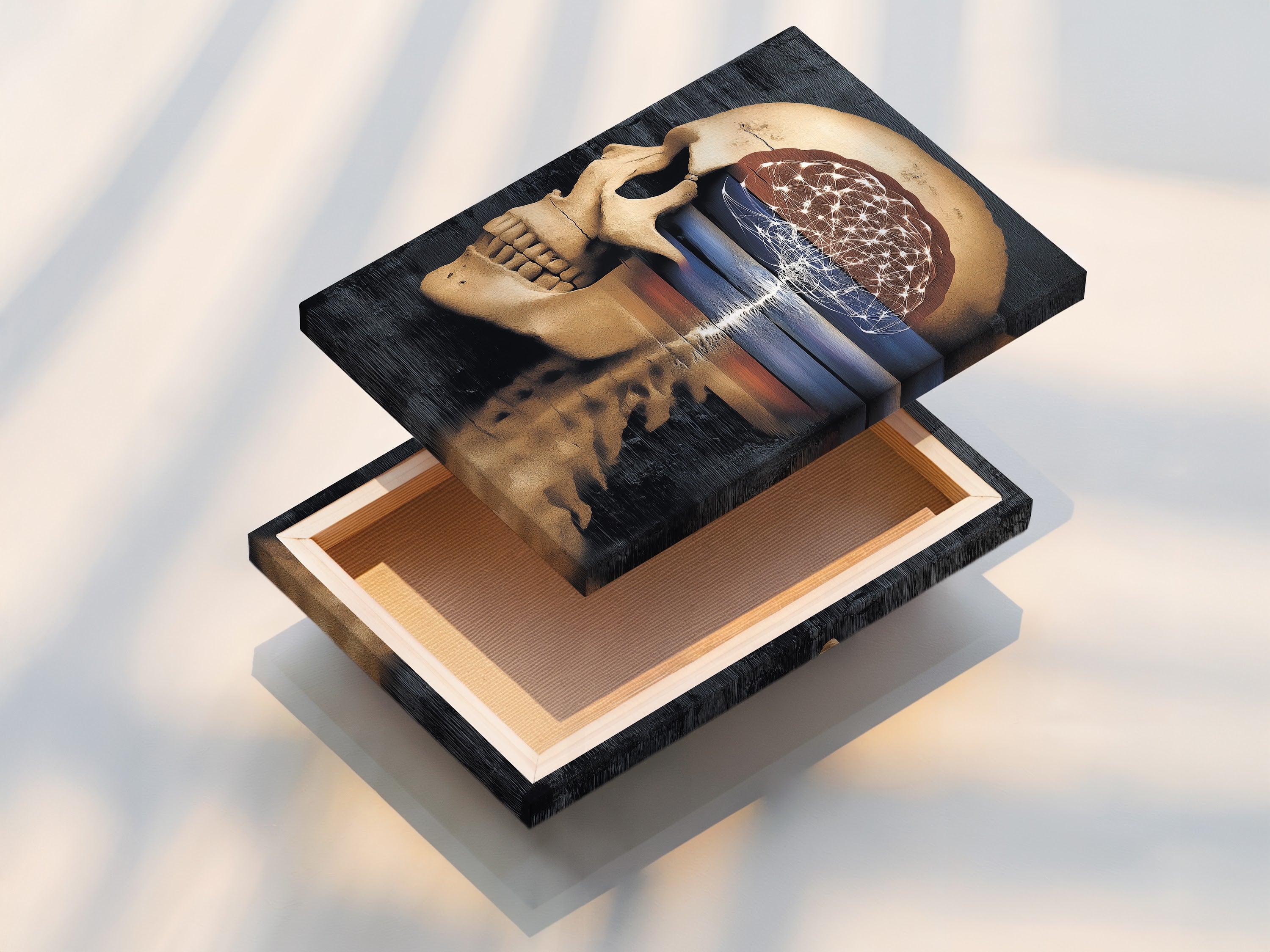 This is a stretched canvas print featuring surreal skull art. The anatomical brain is showcased in this gothic piece. Perfect for medical offices study rooms and homes. Add a touch of dark academia with this unique skull artwork and science wall art.