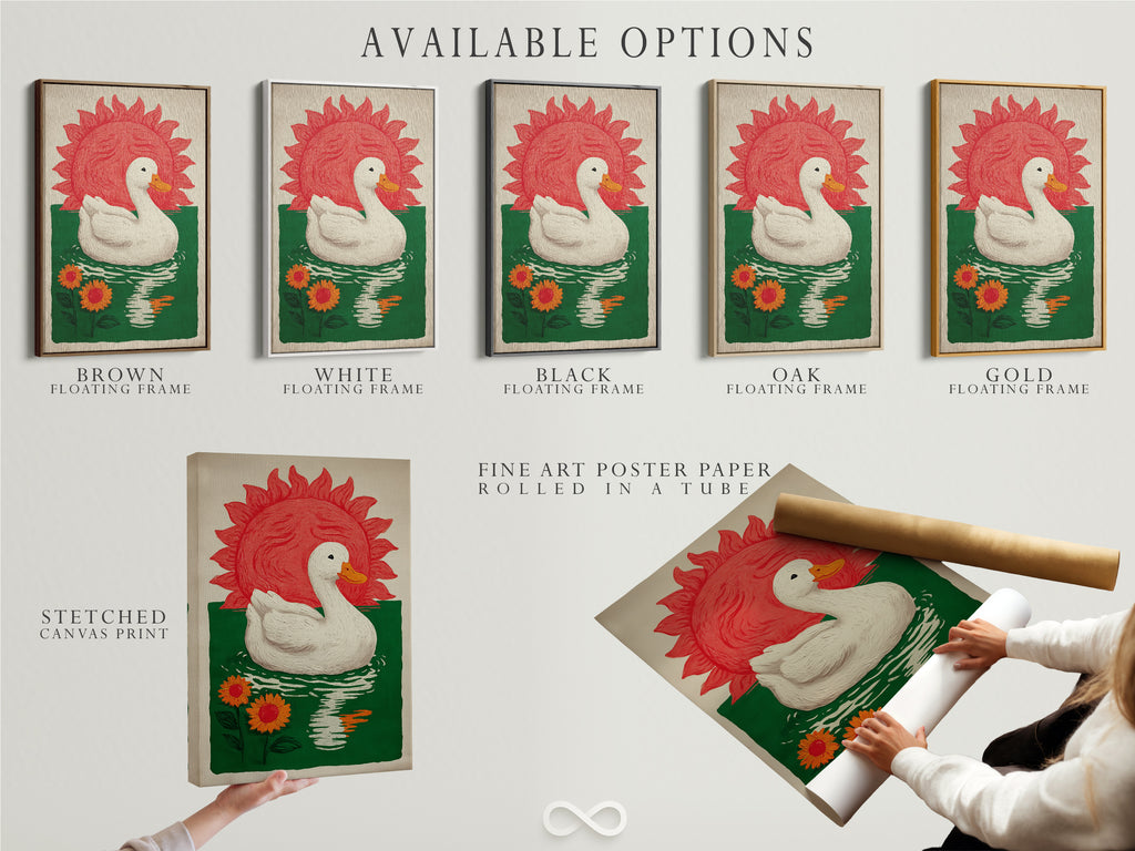 Available options for our Bohemian Style Wall Art. Choose from a stretched canvas print fine art poster paper or a floating frame. The art features a white duck floating on green water with orange sunflowers. A red sun is in the background.