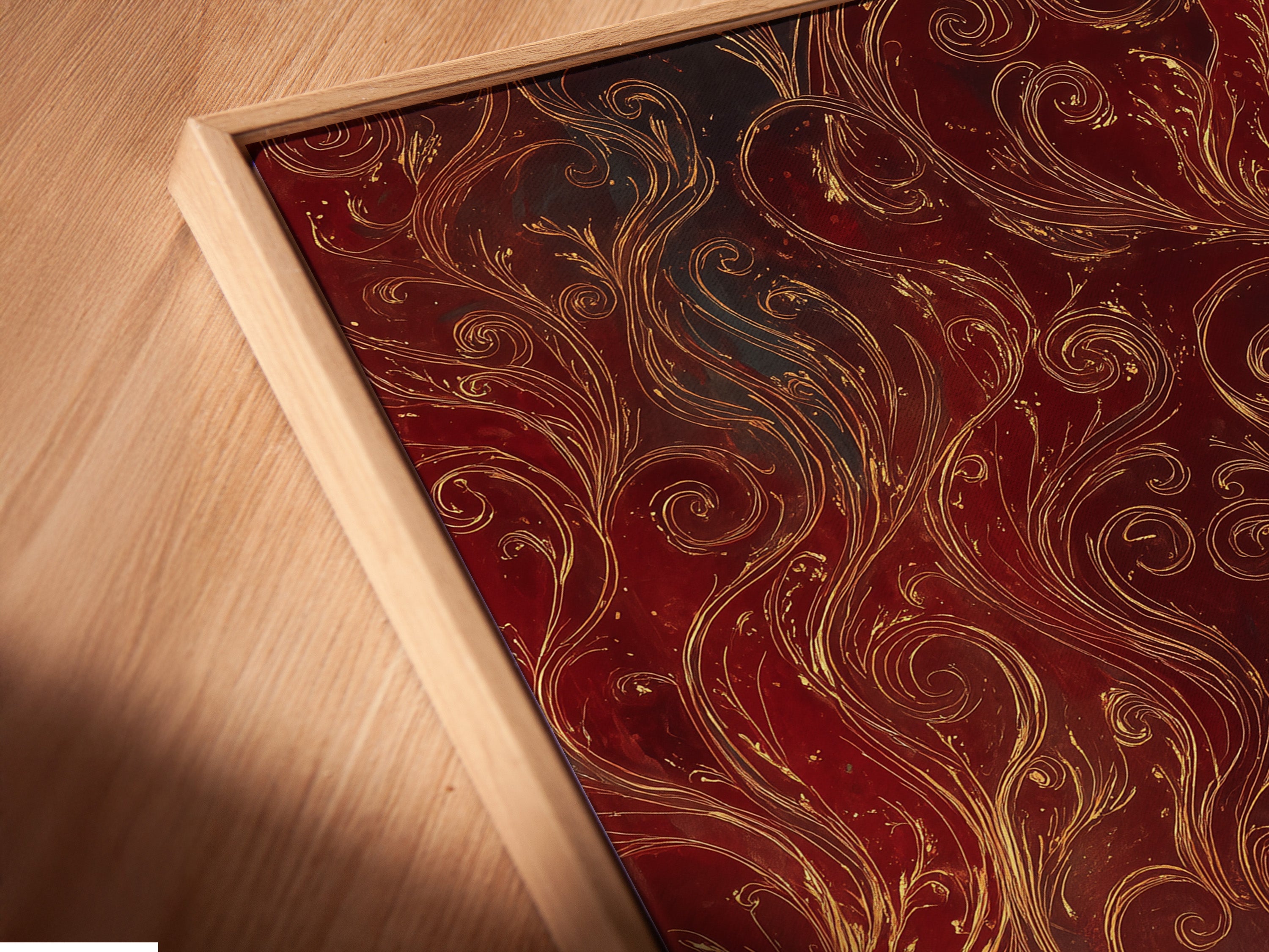 A close-up angled view reveals a canvas print in a floating frame. The artwork depicts a vintage harbor scene. Notice the sailing ships. This nautical city lights poster adds depth and elegance to any wall. Perfect for refined spaces.