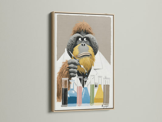 This is an oak frame showcasing the Orangutan Scientist artwork. The artwork features a thoughtful orangutan in a lab coat. Test tubes filled with colorful liquids sit before him. This unique piece is perfect for adding a touch of curiosity to your home or office decor.