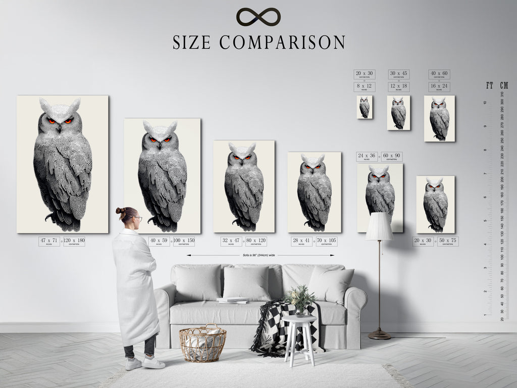 A size comparison chart displayed in an interior setting. Visualize the perfect owl artwork size for your space. Dotted wildlife canvas art fits any room. Modern animal wall decor is now easy to plan. Find your ideal fit.