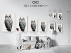 A size comparison chart displayed in an interior setting. Visualize the perfect owl artwork size for your space. Dotted wildlife canvas art fits any room. Modern animal wall decor is now easy to plan. Find your ideal fit.