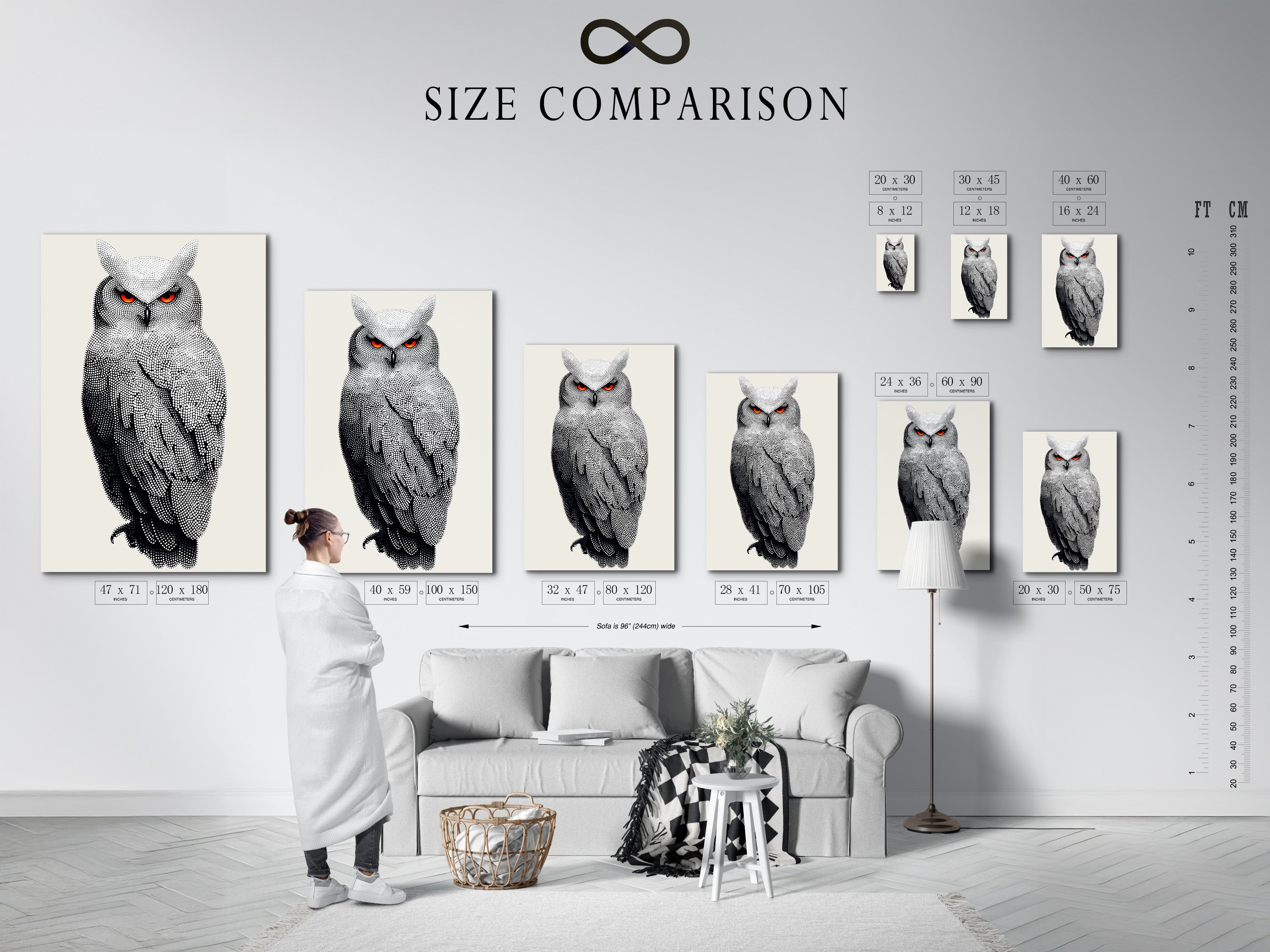 A size comparison chart displayed in an interior setting. Visualize the perfect owl artwork size for your space. Dotted wildlife canvas art fits any room. Modern animal wall decor is now easy to plan. Find your ideal fit.