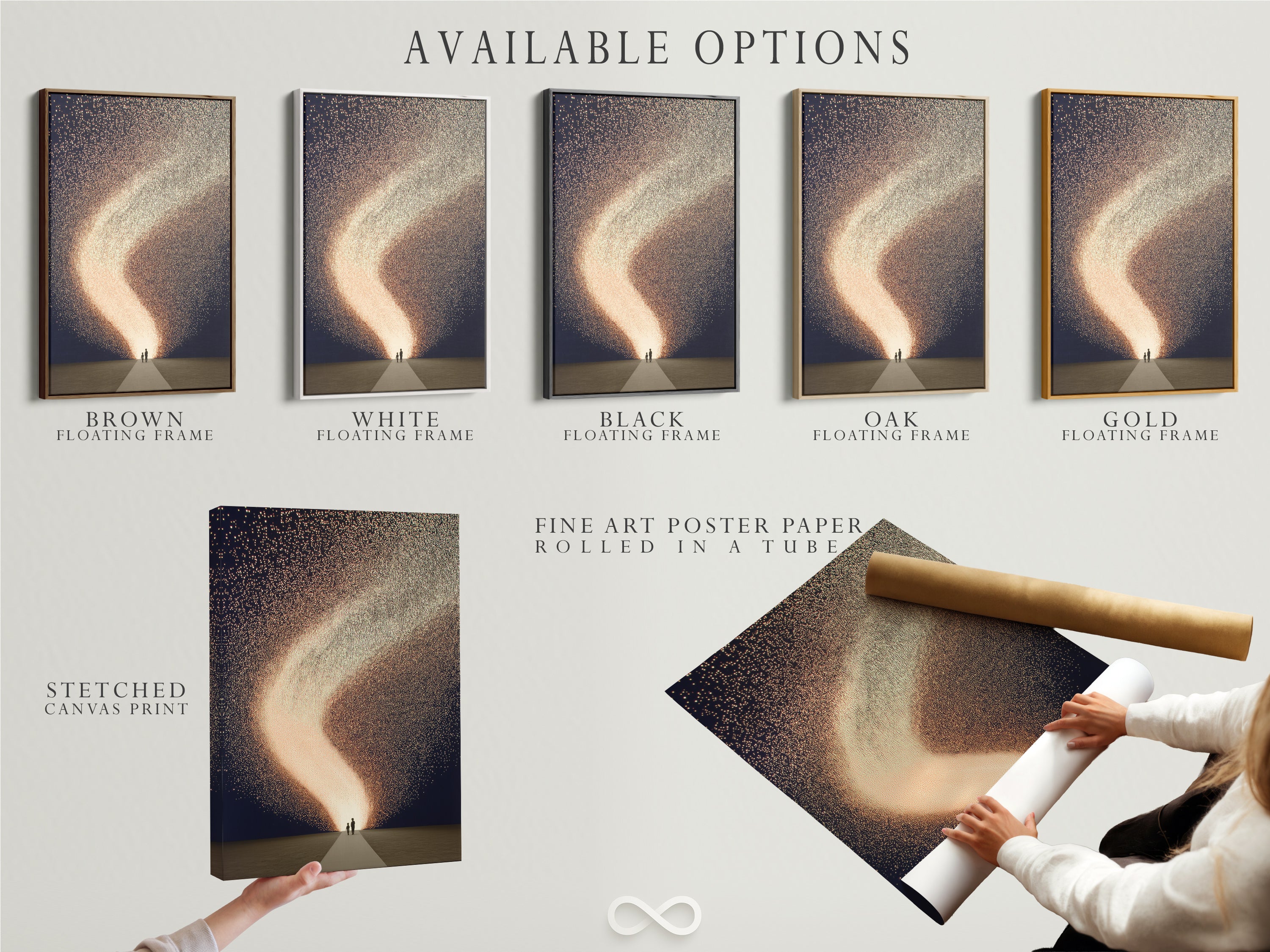 Explore available options for this celestial art print. Choose from a stretched canvas print fine art poster paper or a floating frame. Perfect for adding a cosmic sparkle to your home decor. Abstract family artwork enhances any space. Create a dreamy atmosphere with our modern wall art options.