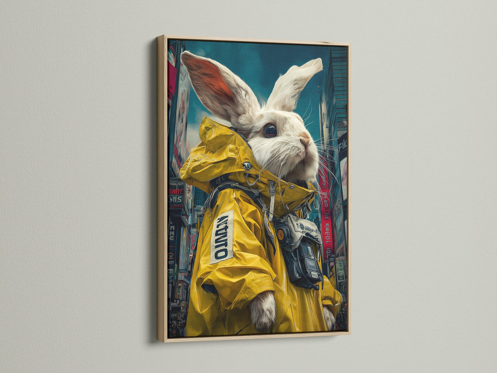 A cyberpunk rabbit art print is showcased in an oak frame. The artwork features a bunny in a yellow jacket. The oak frame enhances its modern pop art style. This piece is perfect for gaming rooms modern offices or creative studios. It is available as a canvas or fine art print.