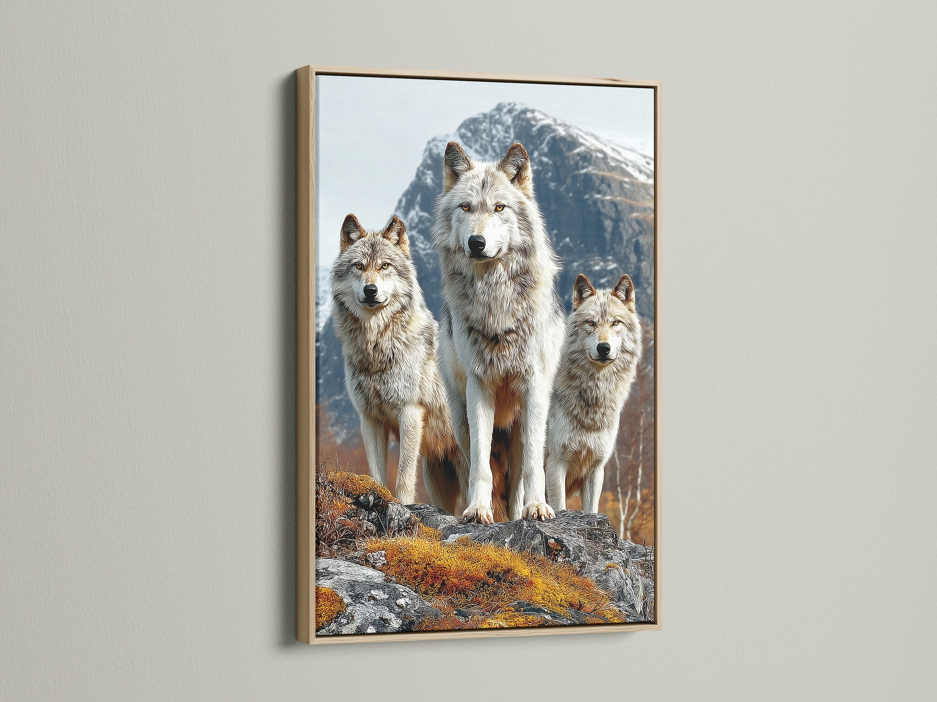 Elevate your space with this wolf art canvas in an oak frame. The wildlife print captures the essence of nature. This animal canvas is ideal for rustic or lodge-style decor. Bring the wild indoors with this stunning mountain wall art. The wolf pack artwork adds a touch of wilderness to your home.