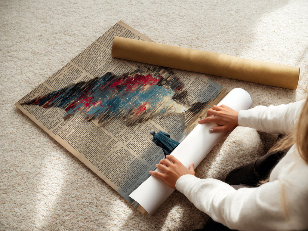 A woman rolls fine art poster paper. Preparing a surreal dictionary art print for display. The cosmic sky wall art is ready to be framed. High-quality materials ensure a lasting piece. This vintage book page canvas will look great in any room. Perfect for vintage art lovers