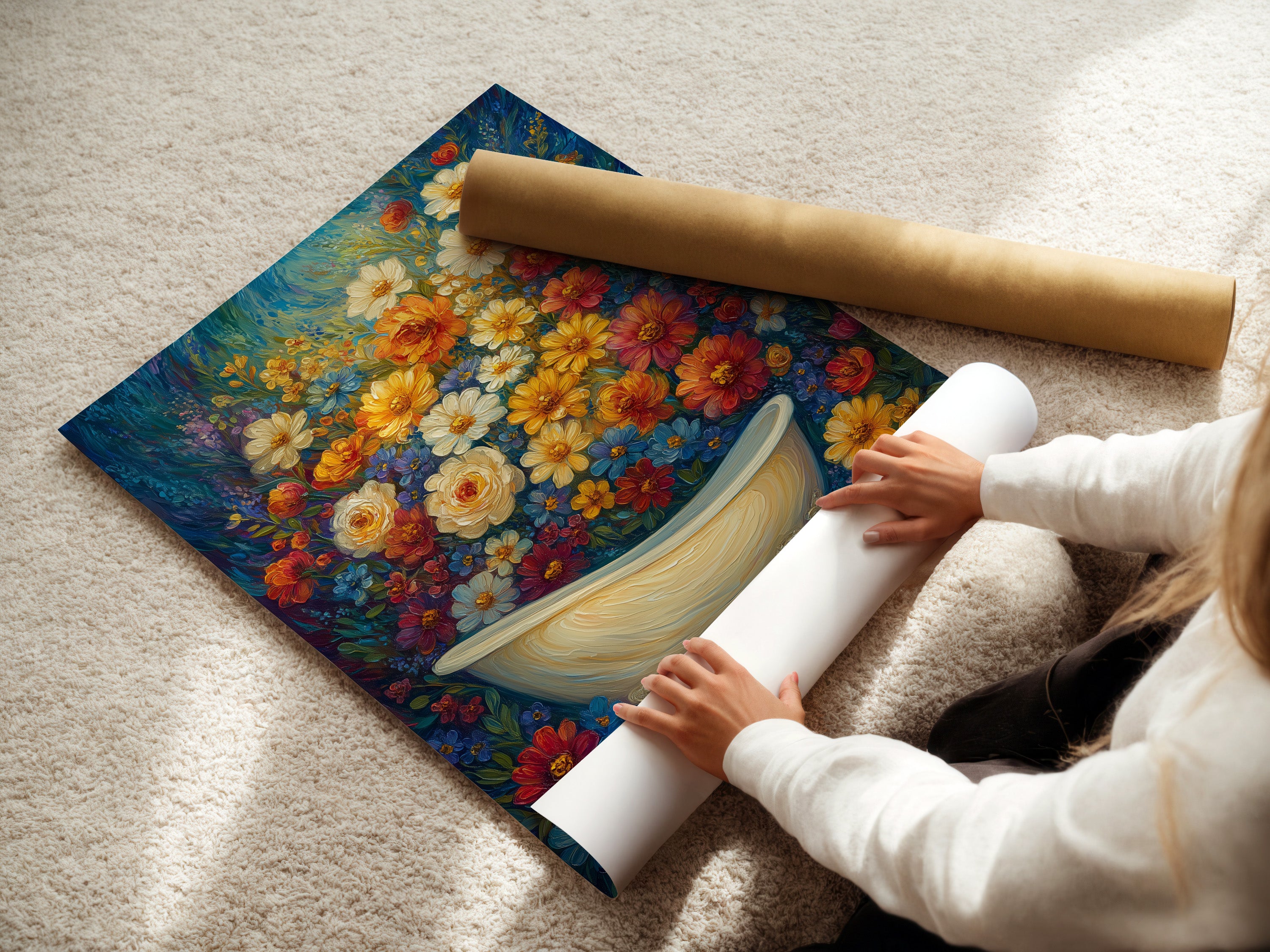A woman is carefully rolling a fine art poster paper. The paper features a floral bathtub artwork. This botanical print is perfect for bathroom decor. It brings a bohemian and eclectic style. The primary color is blue. The secondary color is yellow. She is preparing the artwork for display or shipping. Enhance your space with this artwork.