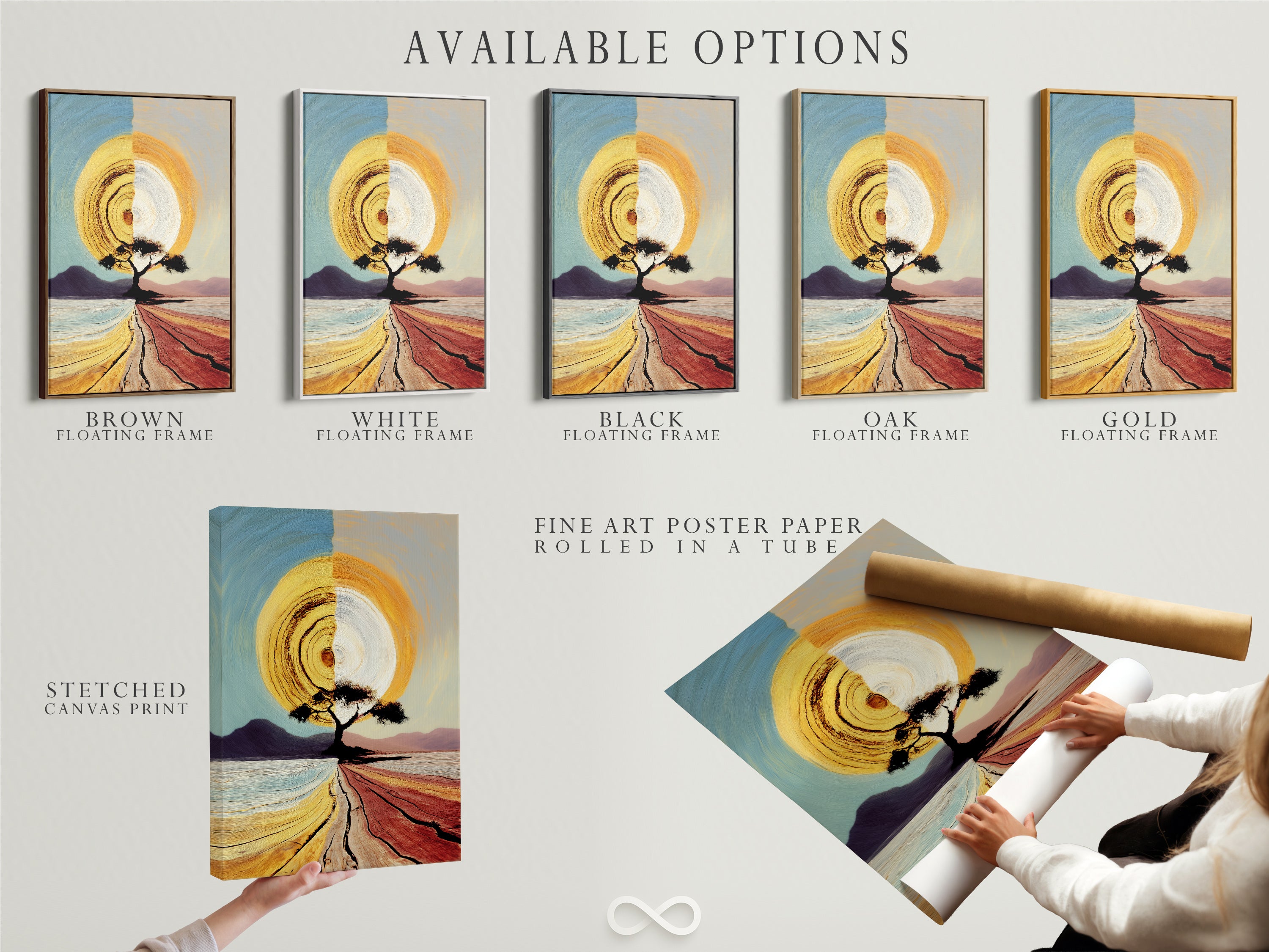 Available options include stretched canvas prints fine art poster paper and floating frames. Explore the different ways to display your Sunrise Tree artwork. Select the perfect option to match your style and decor. Create a personalized art experience for your home.