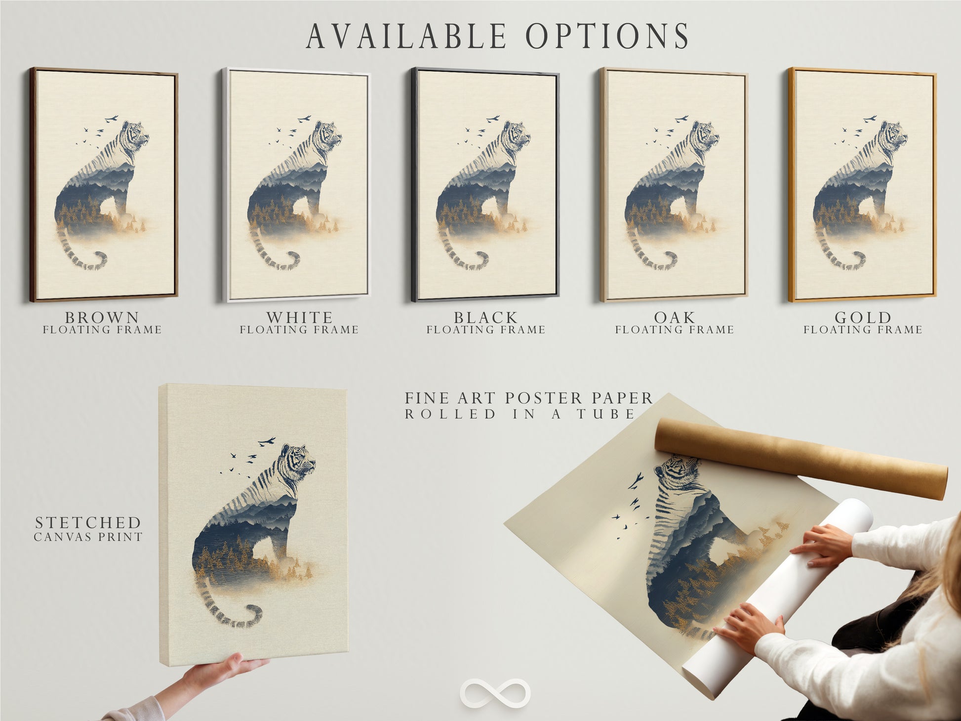 Explore available options for the tiger artwork. Choose from stretched canvas prints fine art poster paper and floating frames. Customize your wildlife canvas art to fit your style. Find the perfect misty forest print for your decor. Enjoy modern nature art.