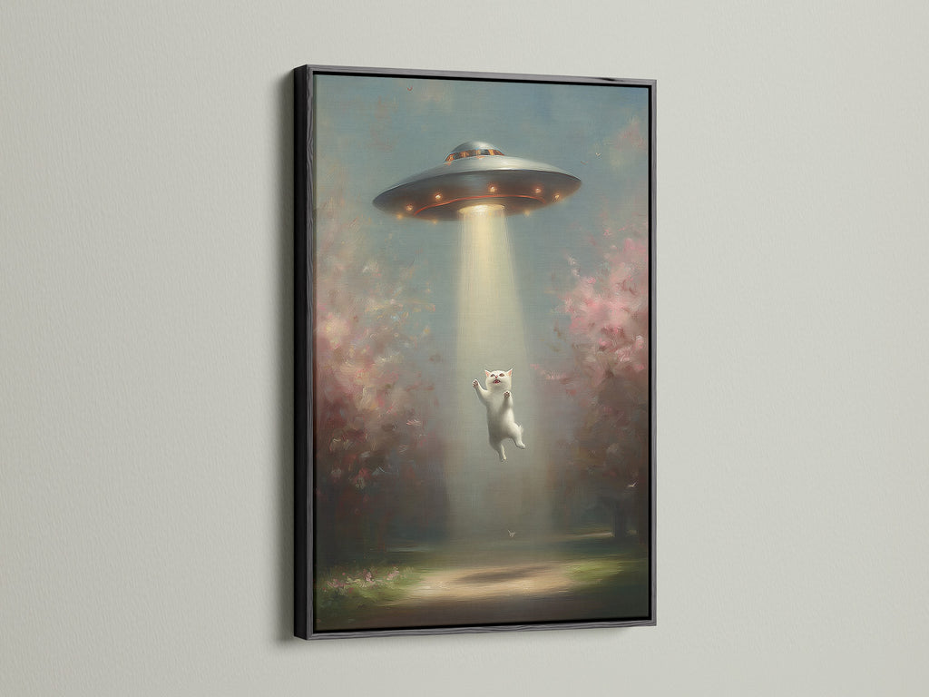 The UFO Cat art print is showcased in a black frame. This striking contrast emphasizes the surreal canvas art. The black frame adds a bold touch to your wall decor.
