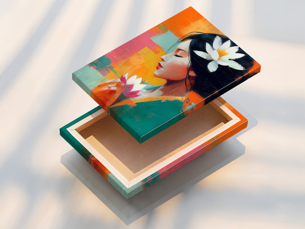 A stretched canvas print showcases the beautiful lotus flower woman artwork. The artwork is ready to hang and bring zen to your space. This colorful abstract portrait on canvas enhances meditation room decor. It is spiritual wall art.