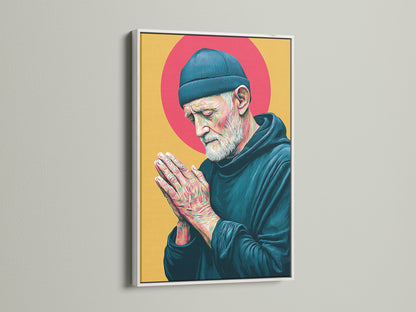 Praying Man art in a white frame. The modern Christian art piece enhances any room's decor. This teal and gold artwork offers inspiration. Ideal for creating a contemplative space.