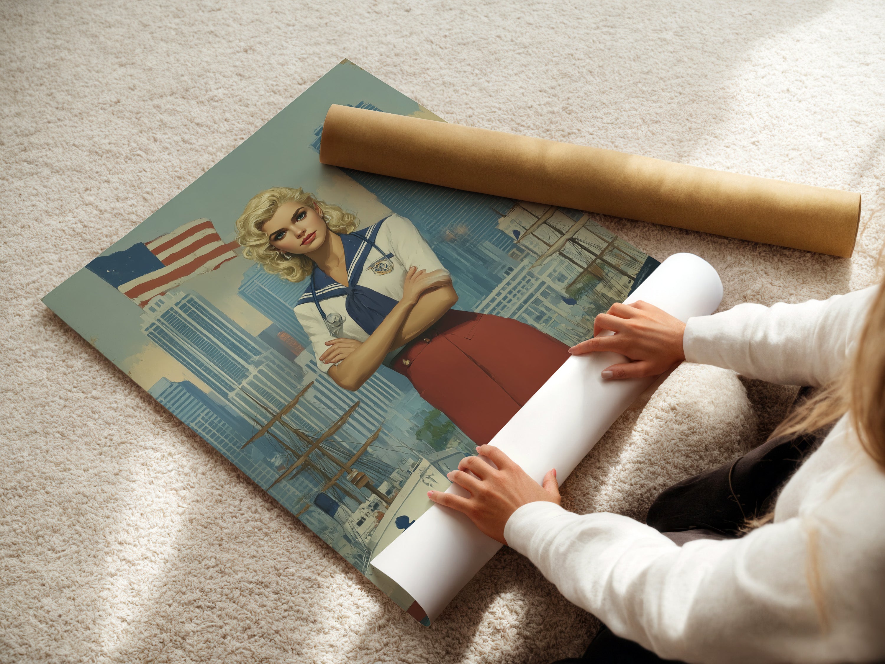A woman is rolling fine art poster paper. High-quality poster paper ensures a professional artwork finish. Perfect for creating stunning vintage navy artwork. Elevate your artwork with this material.
