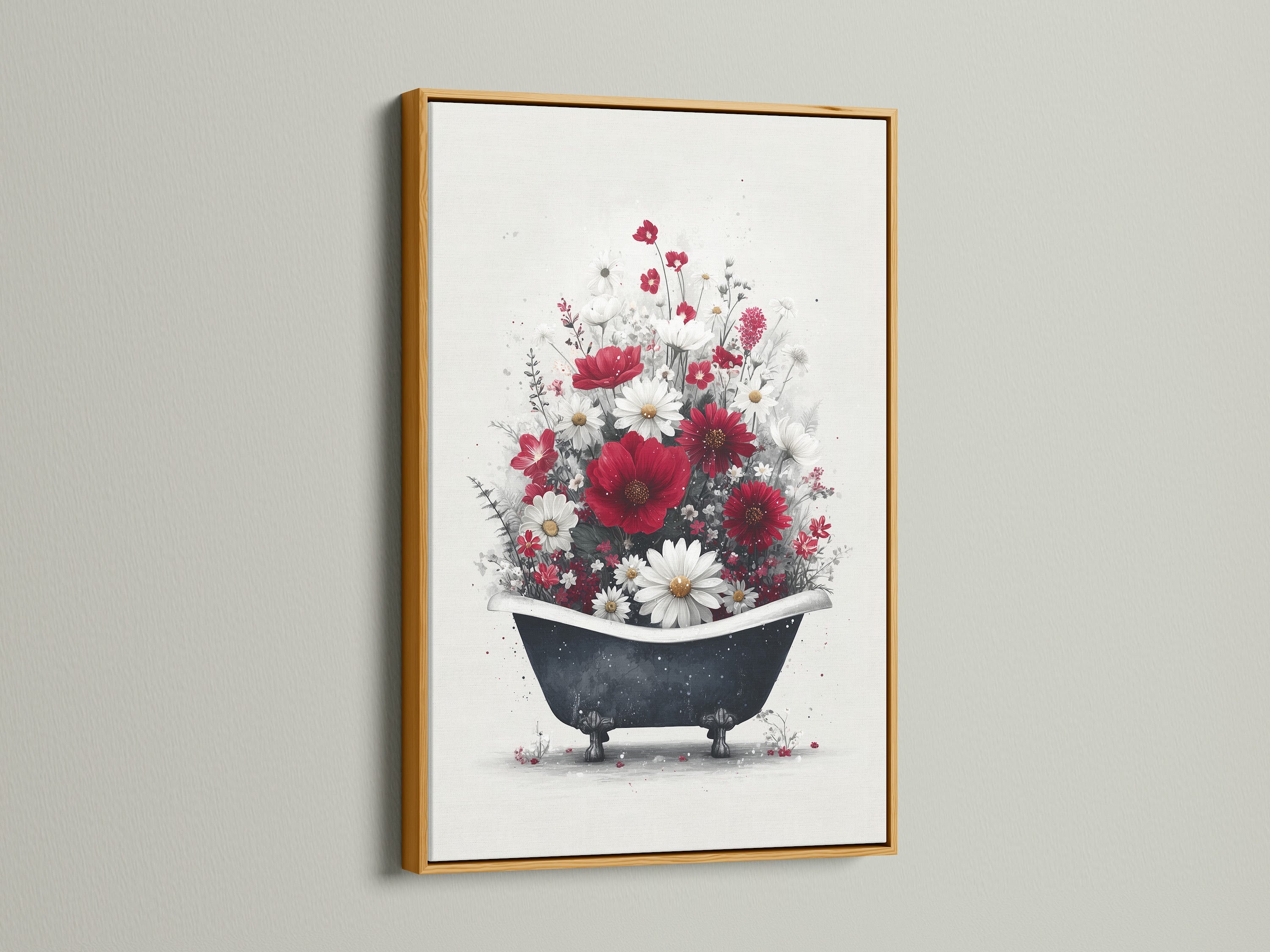 A gold framed floral bathtub artwork hangs on a white wall. The artwork features red and white flowers in a vintage bathtub. The gold frame adds a touch of elegance and sophistication. This unique piece is perfect for farmhouse wall art and cottagecore decor. Enhance your spa or bathroom.