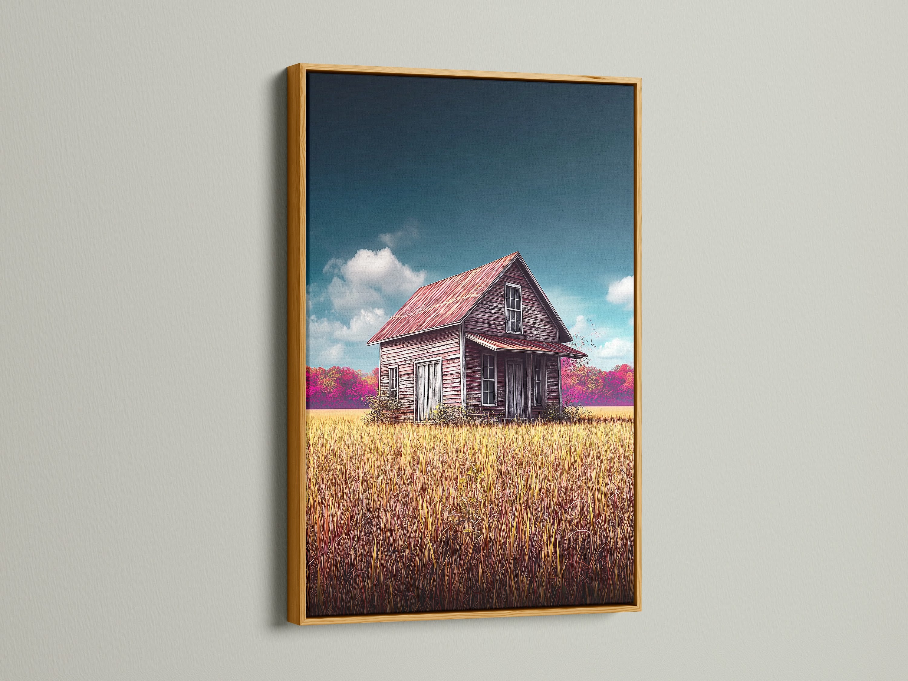 Enhance your decor with this luxurious farmhouse artwork. The gold frame accentuates the vintage country landscape on the barn canvas print. This rustic wall art adds a touch of glamour and warmth to any room. It's perfect for creating a stylish and inviting space.
