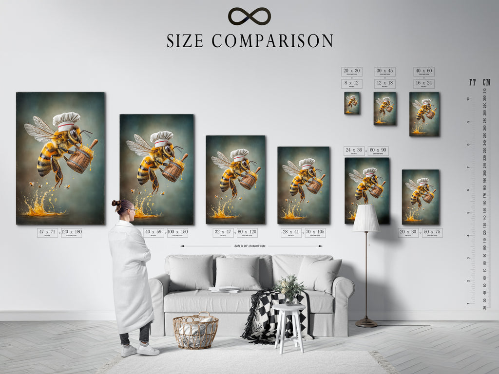 A size comparison chart showcases the Chef Bee artwork in an interior setting. Visualize the perfect fit for your space. Available in various sizes to suit any kitchen dining room or restaurant. Find the ideal dimensions for your art.