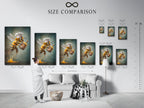 A size comparison chart showcases the Chef Bee artwork in an interior setting. Visualize the perfect fit for your space. Available in various sizes to suit any kitchen dining room or restaurant. Find the ideal dimensions for your art.