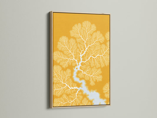 Abstract branching artwork in an oak frame. This contemporary print showcases a mustard yellow background with a branching design. It's ideal for adding a touch of nature inspired fractal art to any space with a minimalist aesthetic.