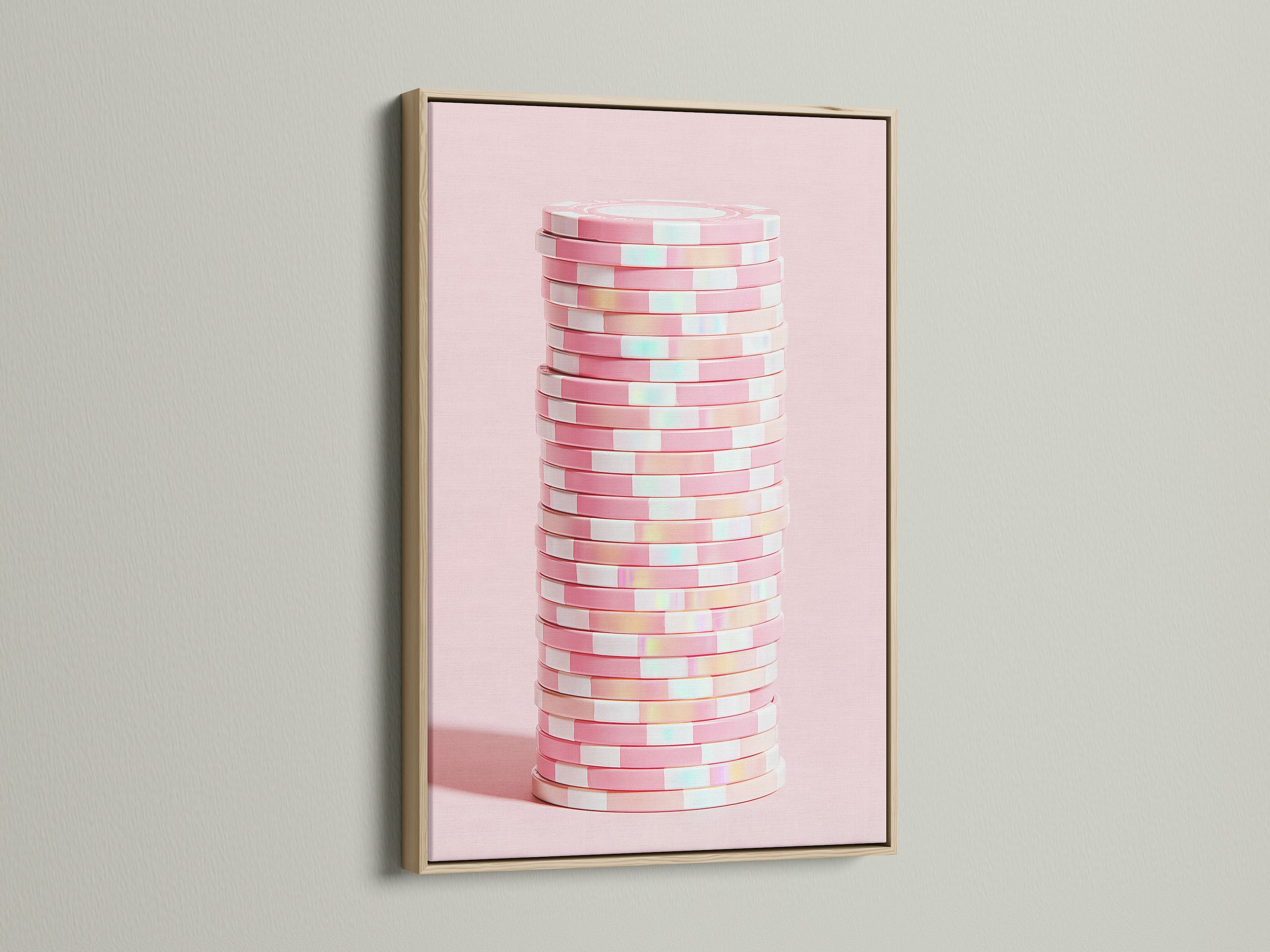 Abstract geometric canvas print in an oak frame. The pink pastel wall art adds a touch of modern elegance. This minimalist artwork is perfect for contemporary art lovers. A subtle piece for office wall decor.