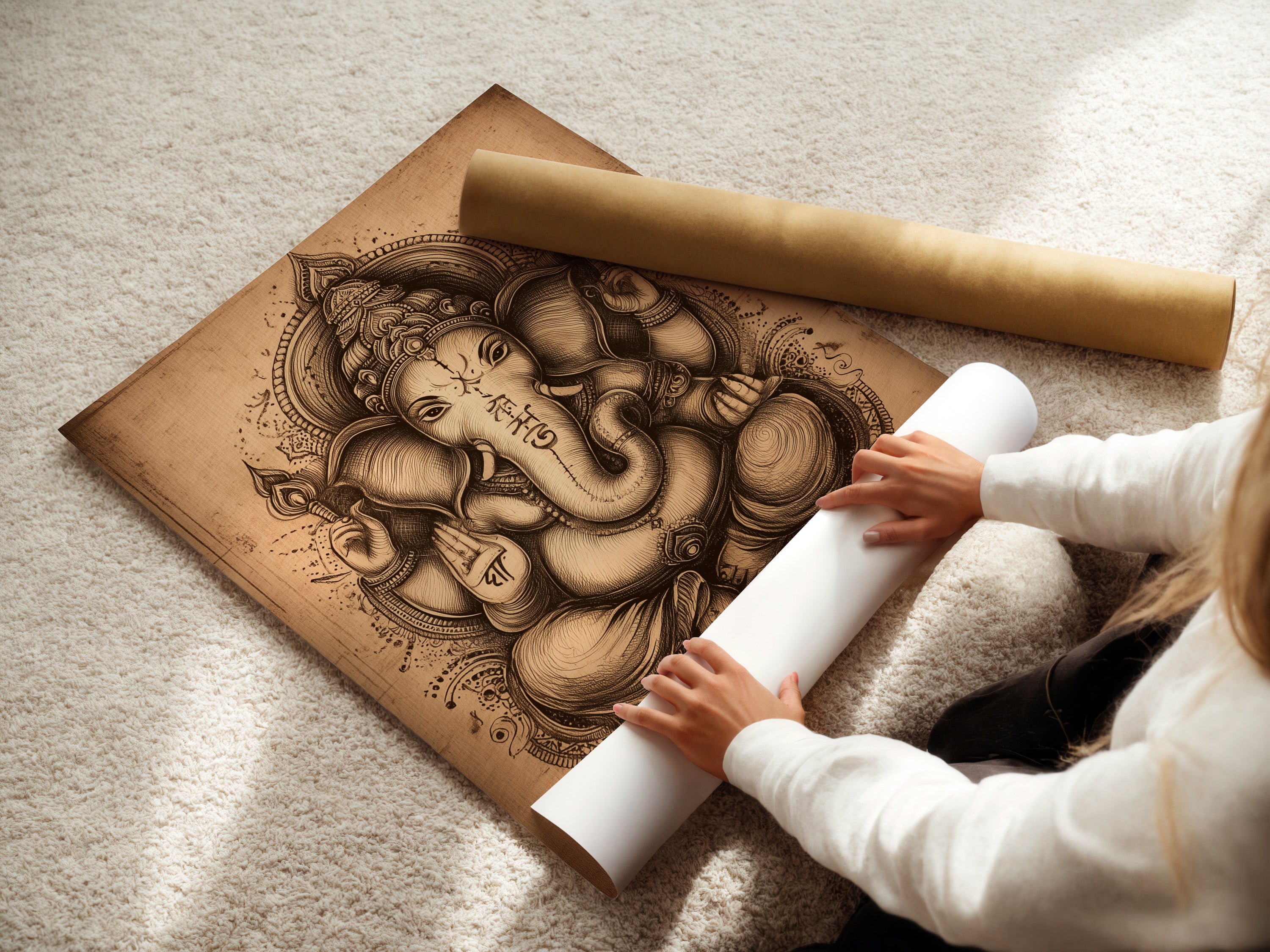 A woman rolling a fine art poster paper. This showcases the care in handling Ganesha Wall Art prints. The vintage Hindu canvas print is available in fine art poster paper. Ideal for spiritual home decor.