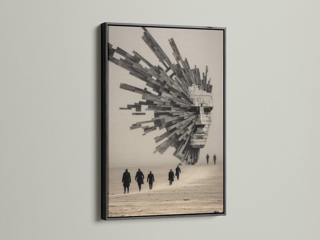 Surreal Architecture artwork with a black frame. This piece blends abstract geometric elements. It is a modern monochrome poster ideal for office decor. The artwork adds an elevated touch to minimalist spaces. The black frame offers a bold contrast.