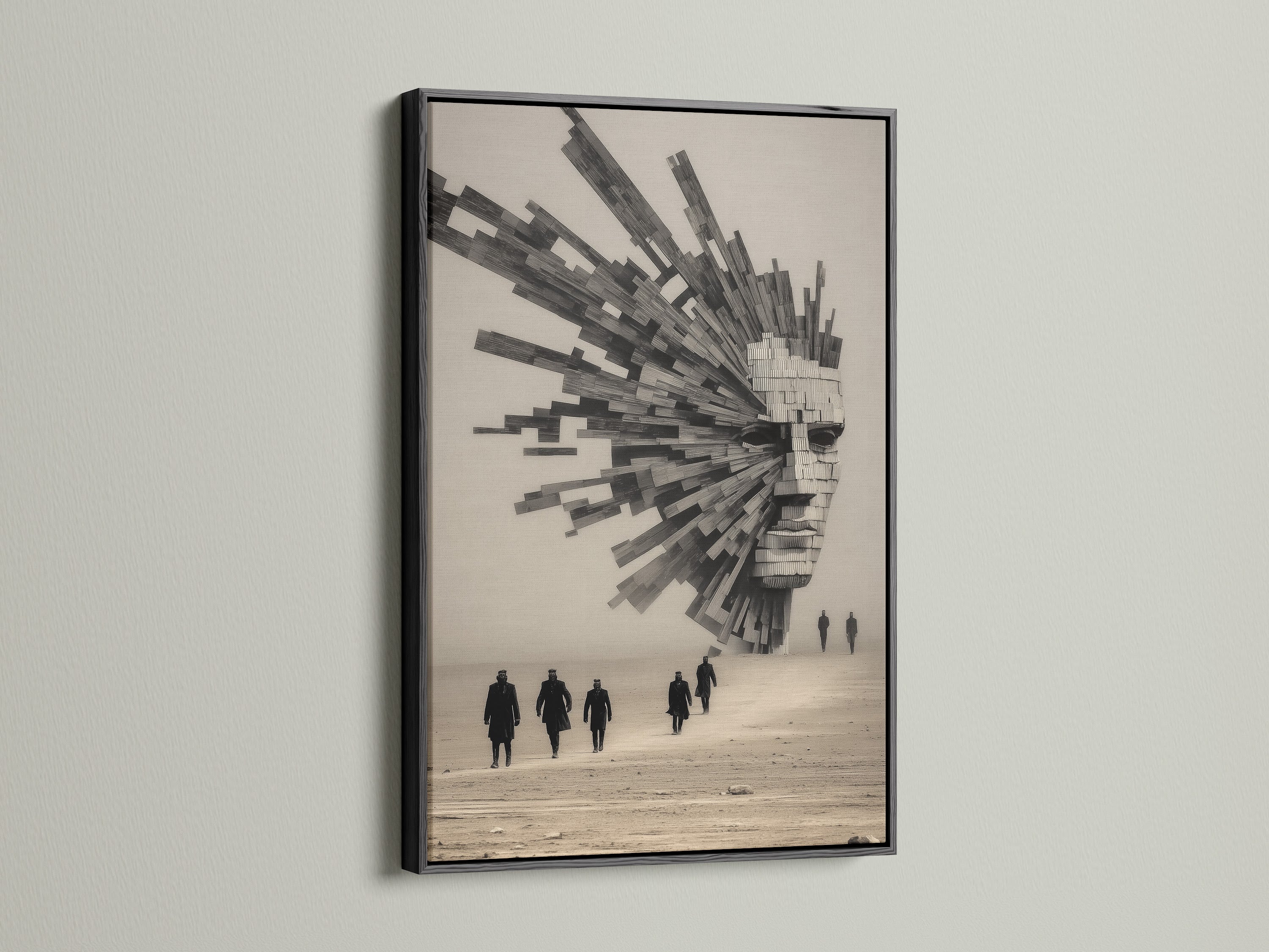 Surreal Architecture artwork with a black frame. This piece blends abstract geometric elements. It is a modern monochrome poster ideal for office decor. The artwork adds an elevated touch to minimalist spaces. The black frame offers a bold contrast.