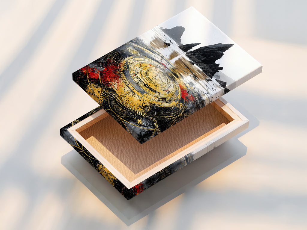 See a stretched canvas print displaying mystical compass artwork. Ready to hang this canvas print brings fantasy to your walls. Find the perfect size for your living room bedroom or office.