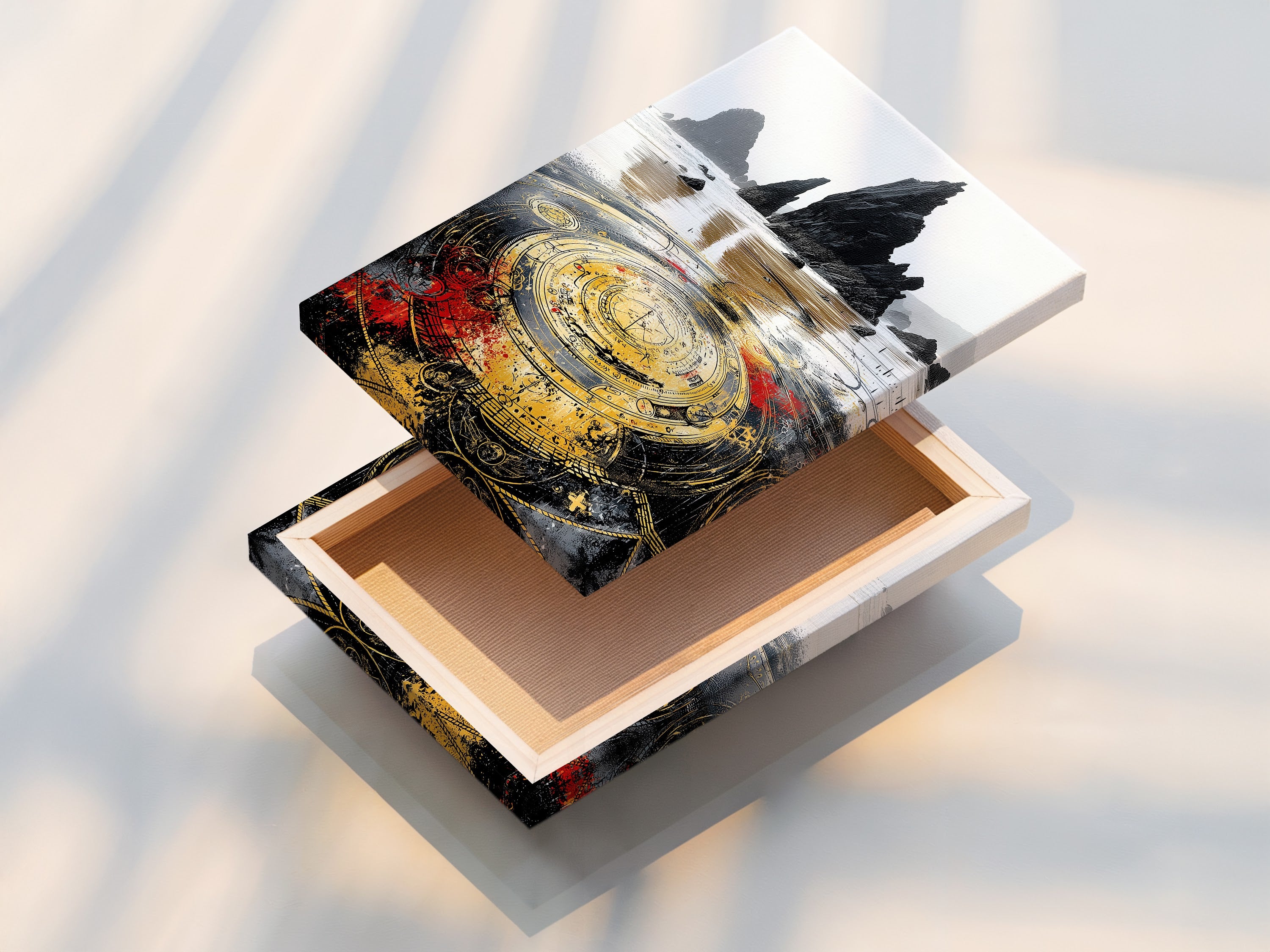 See a stretched canvas print displaying mystical compass artwork. Ready to hang this canvas print brings fantasy to your walls. Find the perfect size for your living room bedroom or office.