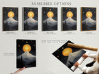 Explore available options for the mountain moon artwork. Choose between a stretched canvas print fine art poster paper or a floating frame. Customize your celestial wall art to fit your style. Perfect for modern home decor.
