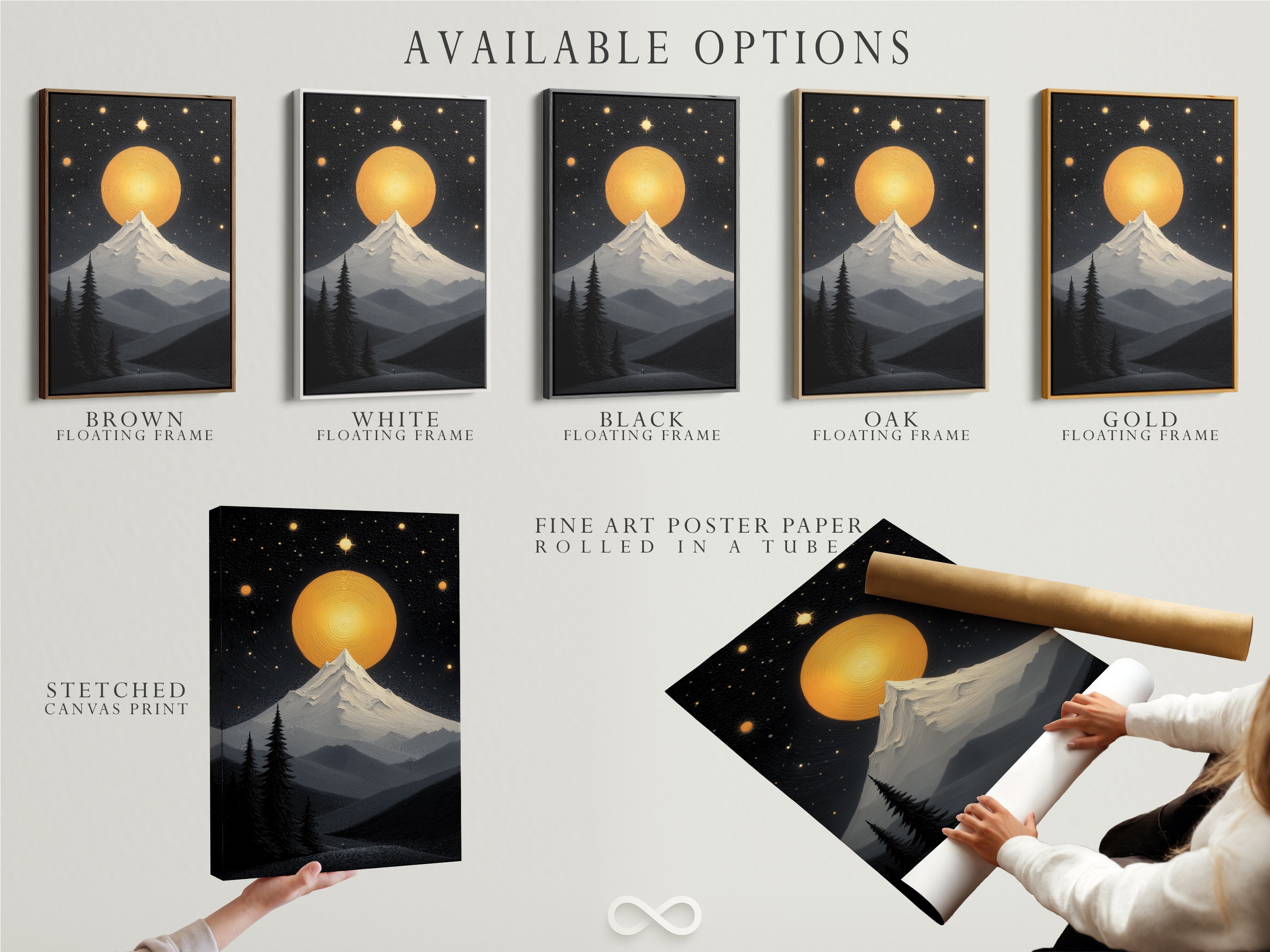 Explore available options for the mountain moon artwork. Choose between a stretched canvas print fine art poster paper or a floating frame. Customize your celestial wall art to fit your style. Perfect for modern home decor.