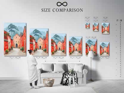 Size comparison chart in an interior setting showcasing the Village Street art.  Visualize the perfect size for your space with this helpful chart.  Available in various sizes to suit your living room or entryway.  Find the ideal fit for your wall.
