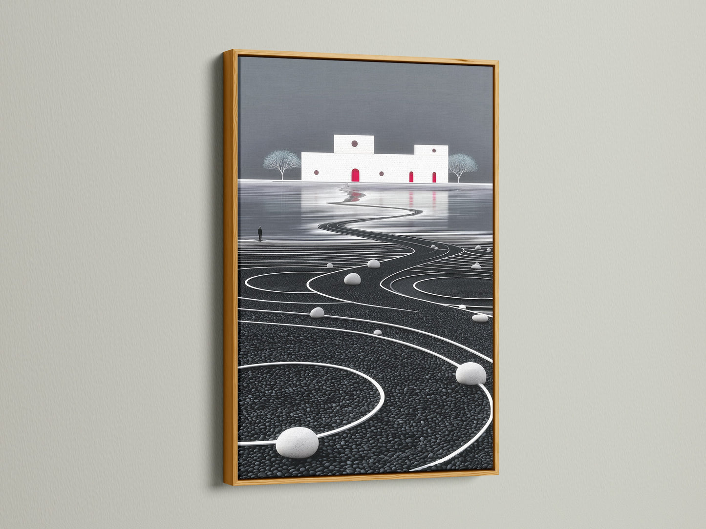 The gold frame adds elegance to this abstract landscape art. The minimalist wall decor is perfect for creating a zen atmosphere. This modern canvas art elevates any living room bedroom or creative space.