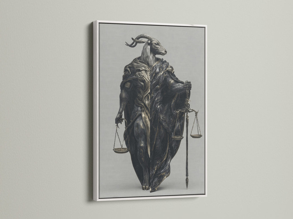 Justice Scales Goat Artwork with a white frame. This piece is a great choice for legal office art or study room decor. The scales of justice are a focal point. This is symbolic artwork.