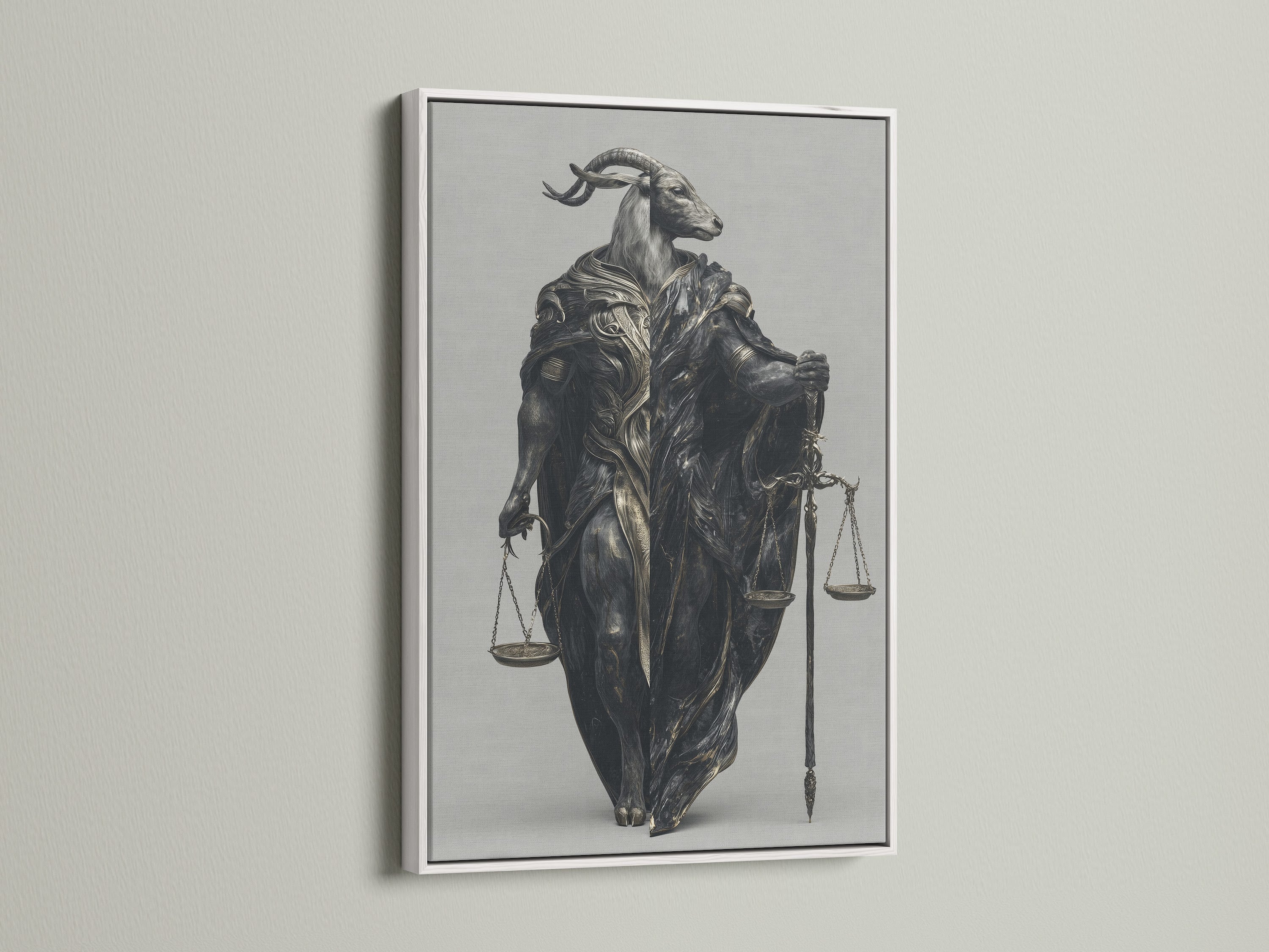 Justice Scales Goat Artwork with a white frame. This piece is a great choice for legal office art or study room decor. The scales of justice are a focal point. This is symbolic artwork.