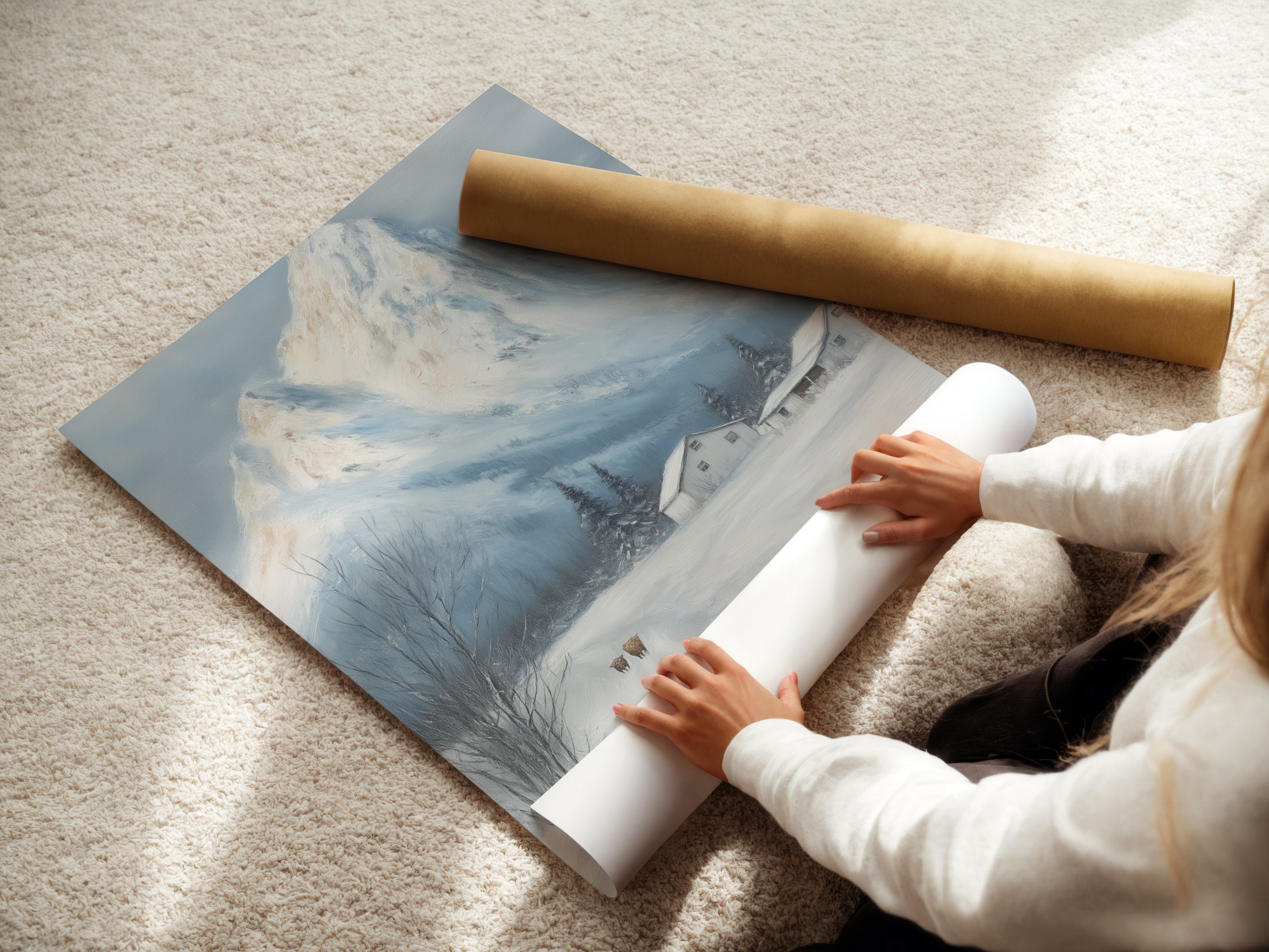 A woman carefully rolls a fine art poster paper. The snowy landscape wall art captures the beauty of winter. Ideal for farmhouse decor in a cabin. This rustic artwork is ready to be framed. Add a touch of elegance.
