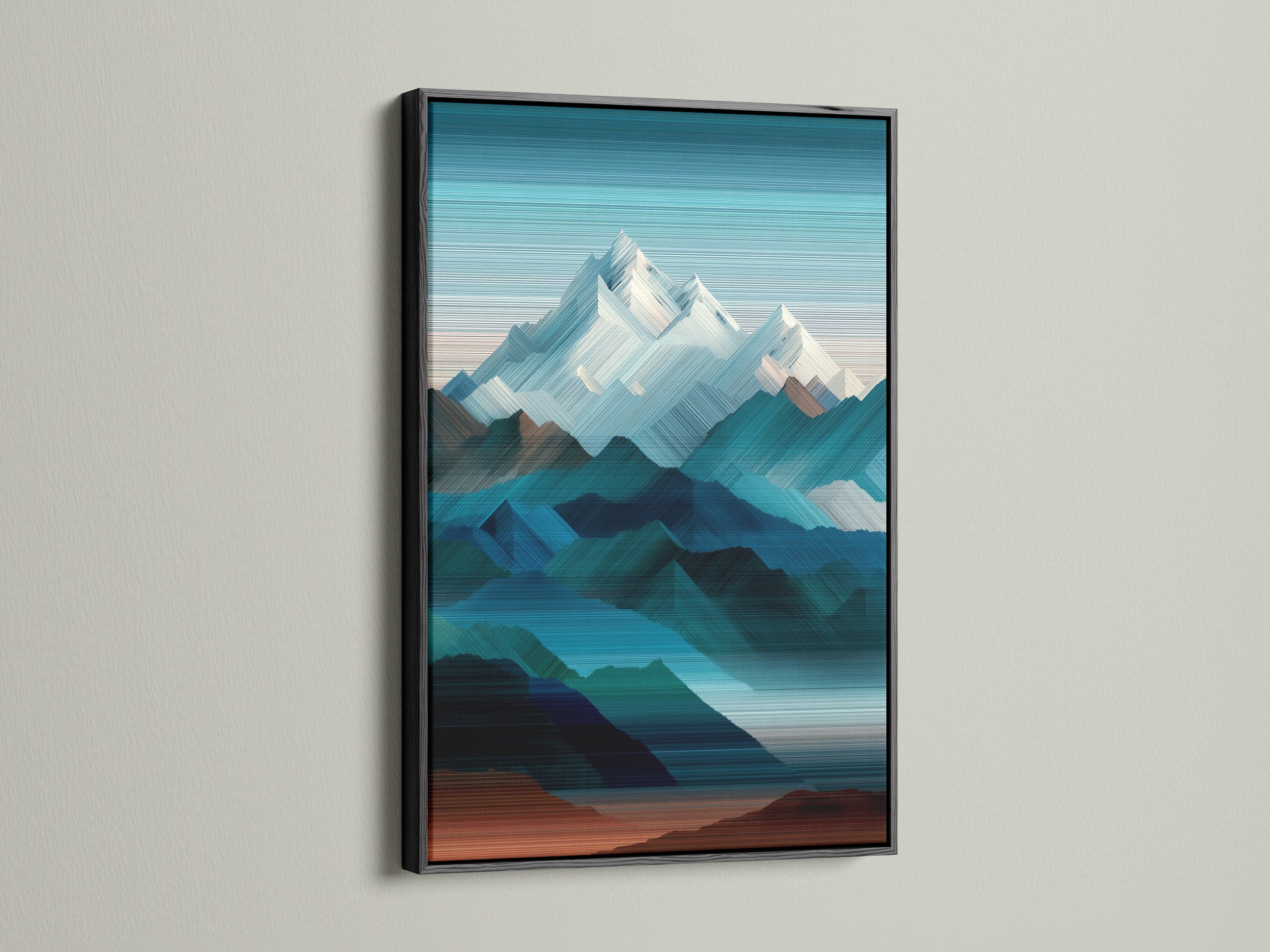 Mountain artwork is showcased in a sleek black frame. The dark frame adds a touch of sophistication. It makes the artwork pop. Transform your walls with framed art. See the details of this artwork now