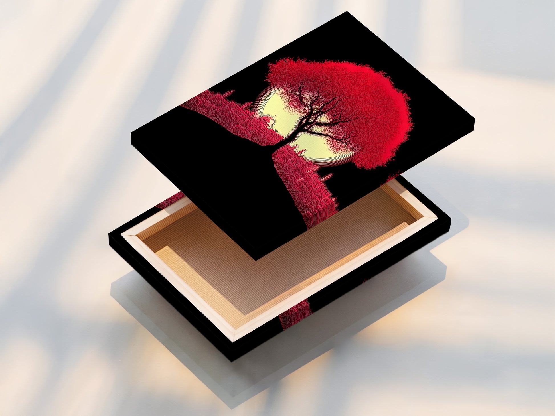 A stretched canvas print of the Crimson Tree artwork. The red cityscape wall art is a modern silhouette. The stretched canvas print is ready to hang. The modern artwork is durable and vibrant. Transform your space with skyline wall art.